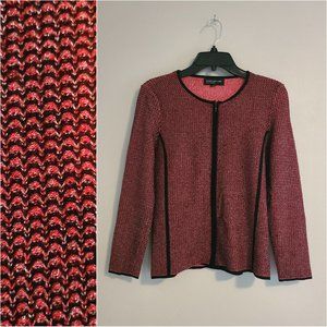 Jones New York Collection Red Black Silver Knit Zipper Cardigan Sweater Jacket